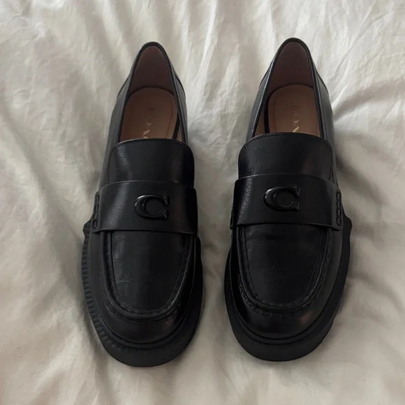 Coach Black Leather Penny Loafers with Logo Accent - Picture 1 of 5